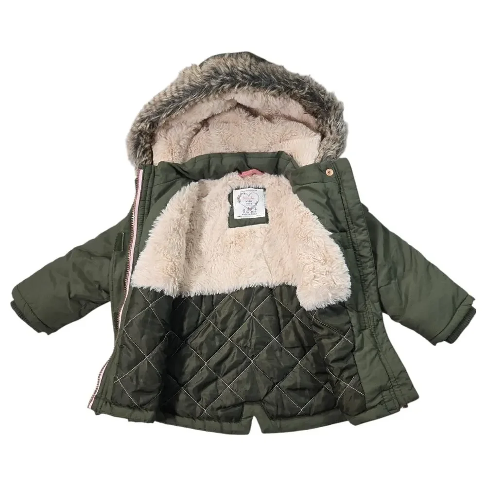 Young Dimension Baby Girls 12-18M Olive Green Parka Coat Faux Fur Floral Sherpa